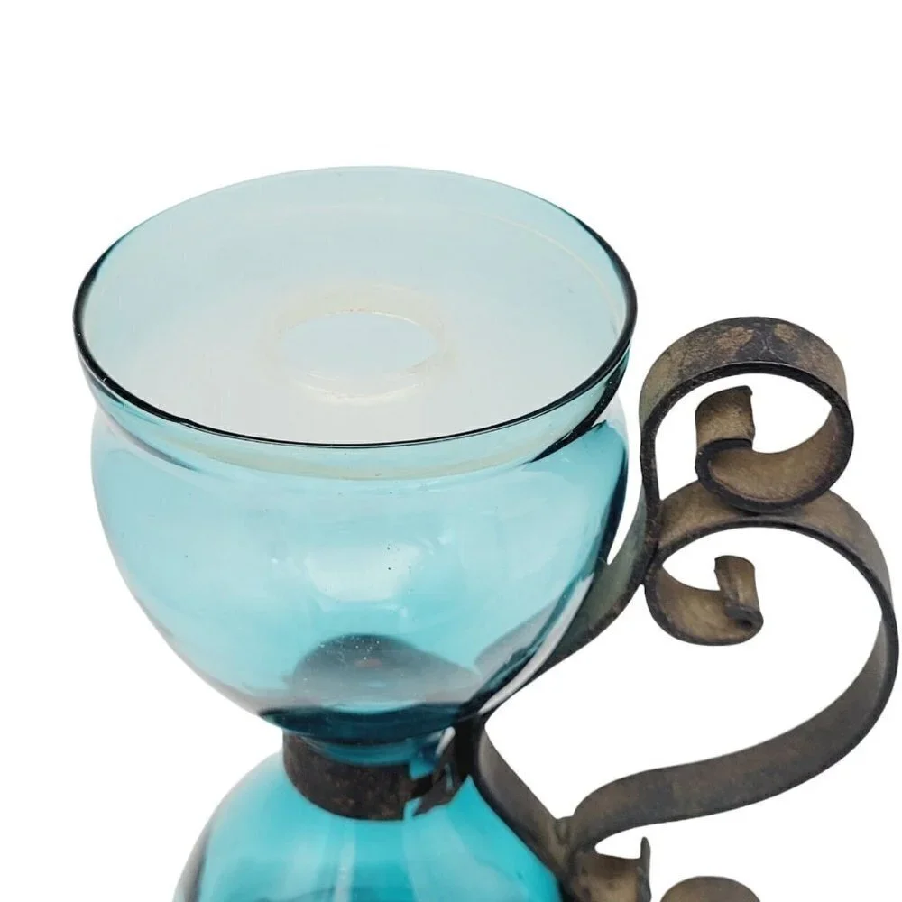 Vintage Aqua Blue Hourglass Shape Taper Candle Holder Wrought Iron Handle